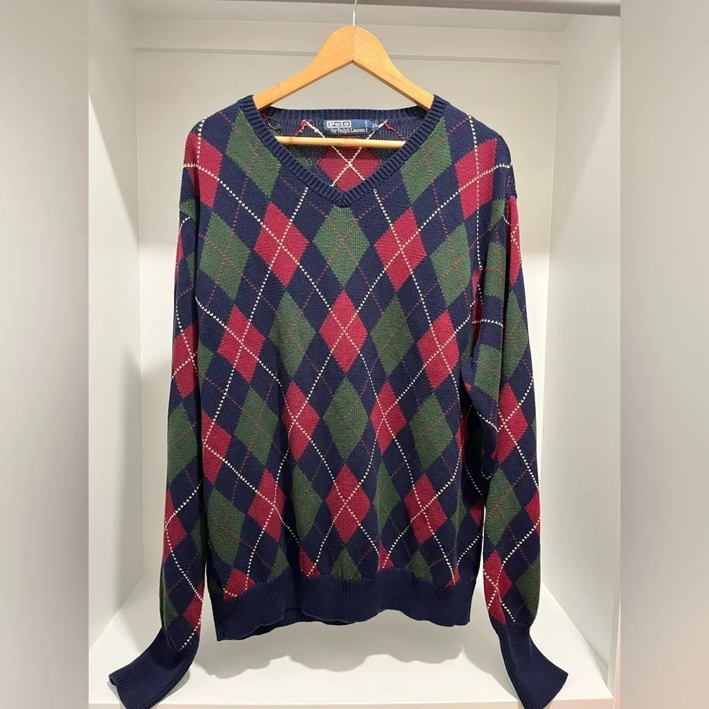Vintage Ralph Lauren Polo Argyle V-Neck Sweater XL cotton 90s Preppy Classic